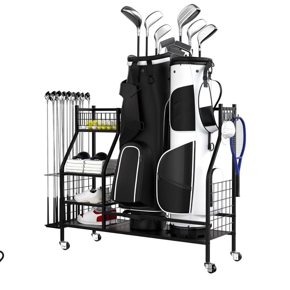 Golf Storage Organizer for Garage, Double Golf Bag Stand Storage Rack with Lockable Wheels, Extra Large Golf Organizer for Golf Clubs and Golf Accesso