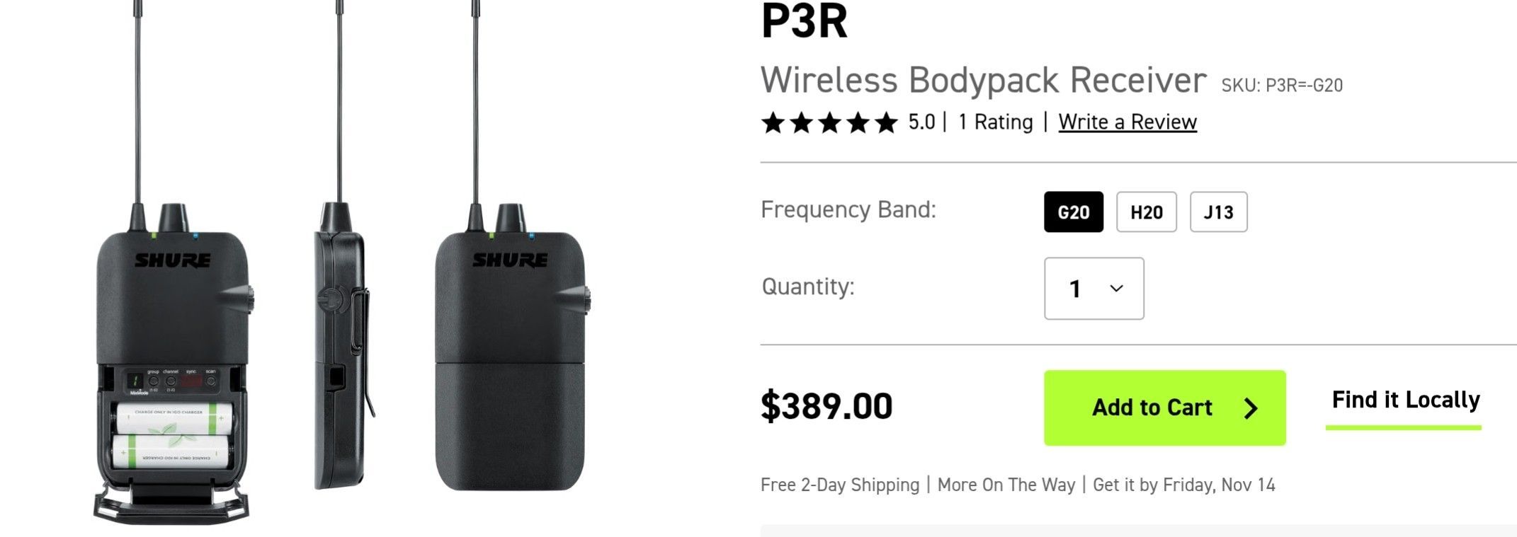 SHURE P3R H20 Wireless Bodypack Receiver
