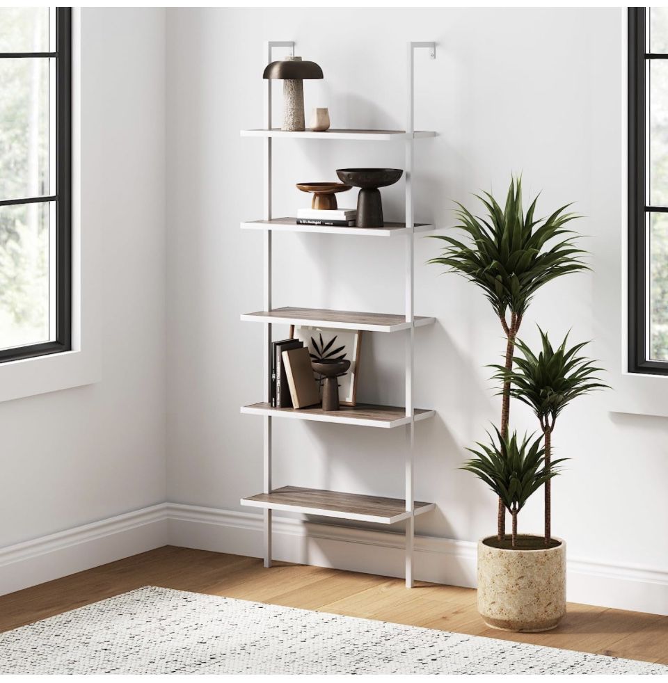 Leaning 5-Shelf Modern Bookcase, Open Wall Mount Ladder Bookshelf with Metal Frame, Gray Oak Wood/White  24 W x 15 D x 72 H 