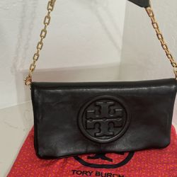 Tory burch Luggage Black Leather Bombé Reva Clutch 