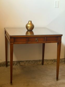 Mid-Century Neoclassical Vintage Solid Wood Desk Table With Glass Top