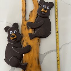 Bear Cubs Climbing A Tree. Beautiful Wall Candy Made Of Wood. 