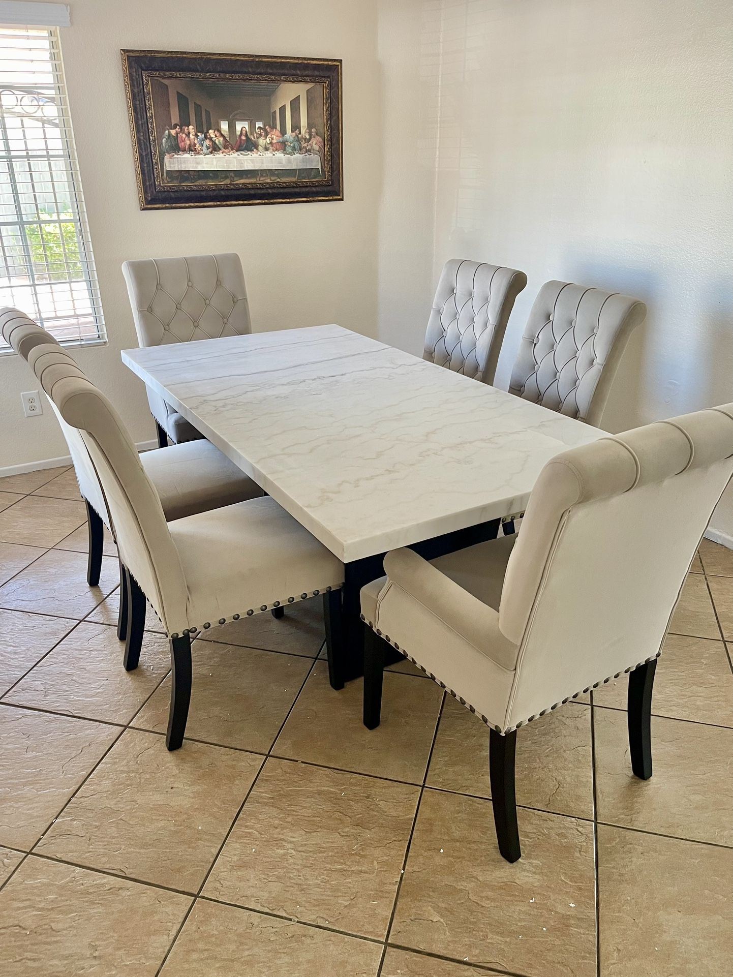 7pc Dining Table Set - Marble Dining Table With 6 Chairs