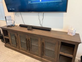 Large Wood TV Stand with Glass Door Cabinets