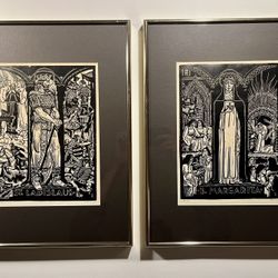 Set of 2 Vintage Linocut prints ST. LADISLAUS & B. MARGARITA by Hungarian Artist