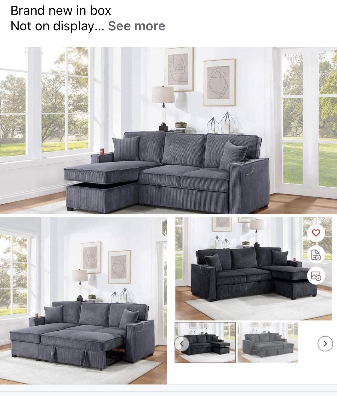 $369. 2-PCConvertible Sectional Sleeper Sofa W/ Cupholder Sofa Storage & USB Ports 89”x 59”X36”H