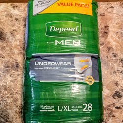 DEPENDS FOR MEN  ( L/XL )  ( 38 - 64  IN. WAIST  )