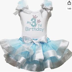 Petitebella Rhinestone My 3rd Birthday White Shirt Blue Silver Petal Skirt Outfit