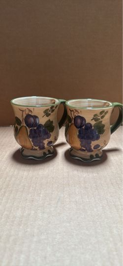 Set of 4 Vintage Tuscan Fruit Ceramic Footed Mugs – Grapes & Pears Motif