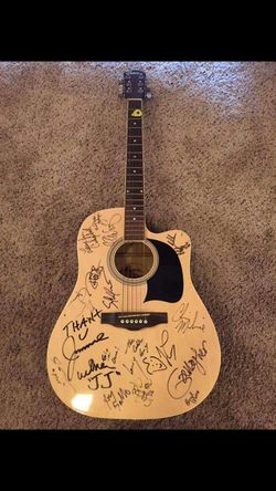 LOOKING FOR TRADES ASAP ..LYONS WASHBURN ELECTRIC ACOUSTIC GUITAR SIGNED BY COMEDIANS