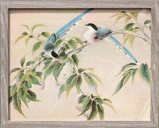 Magpies on peach tree framed print of traditional Japanese miniature watercolor