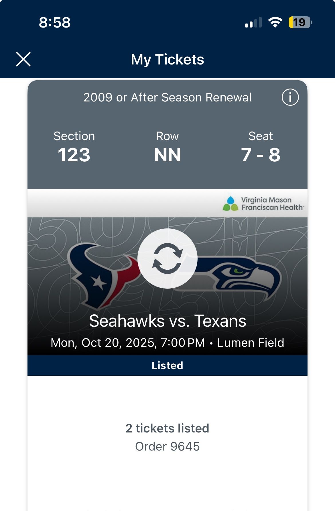 Seahawks Tickets v Houston Texans 10/20/2025