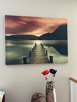 Lake Pier Sunset Canvas Wall Art