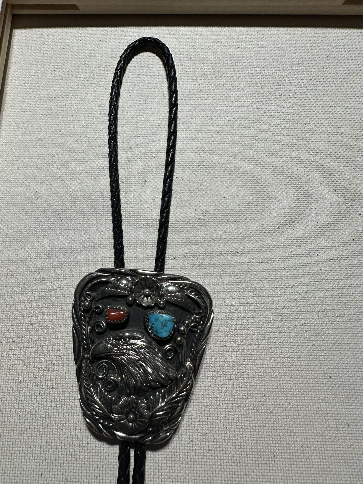 Beautiful Silver, Leather Polo Tie With Turquoise And Coral Stone