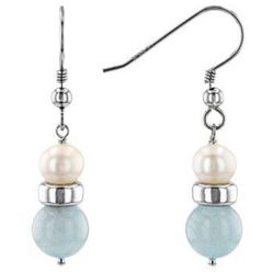 White Cultured Freshwater Pearl & Aquamarine Rhodium Over Sterling Silver Earrings  
