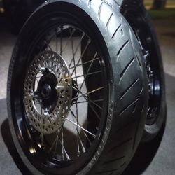 17×3 And 17×3.5 D.I.D. supermoto Rims With Preshly Powder coated Black Galaxy Hubs And Polished Chrome SpokES Wrapped Up In Literally BRAND NEW! TIRES