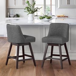 Set of 2 Gray Counter Height Bar Stools, 26" Swivel Bar Stool with Back, Fabric Counter Stool, Solid Wood Legs, Retro Upholstered Barstools