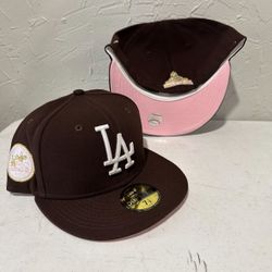 MLB New Era Los Angeles Dodgers Brown First World Series And 1980 ASG Patch  Pink UV 59fifty Fitted Hats Size 7 1/4, 7 3/8, 7 1/2, 7 5/8