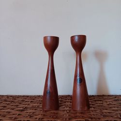 Danish Bermuda Wood Candlestick Holders, Pair 9" Wooden Candle Holders 