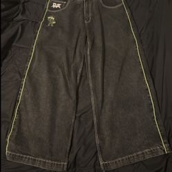 Wide-Leg Black Denim “GLOE-Style” Pants – Green Stitching & Graphics