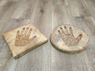 Pair of Moroccan Daff Drums Made of Goat Skin and Decorated with Henna both $20
