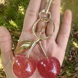 PINK Glitter Cherry Bag Charm Keychain