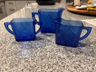 Vintage Cobalt Blue Chevron Glass Pitchers – Set of 3
