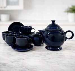 Fiesta Homer Laughlin Cobalt Blue Teapot 6 Cups 6 Saucers 13 Pc Tea Set USA
