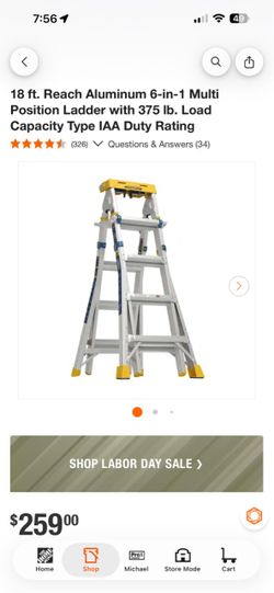 18 ft. Reach Aluminum 6-in-1 Multi Position Ladder with 375 lb. Load Capacity Type IAA Duty Rating