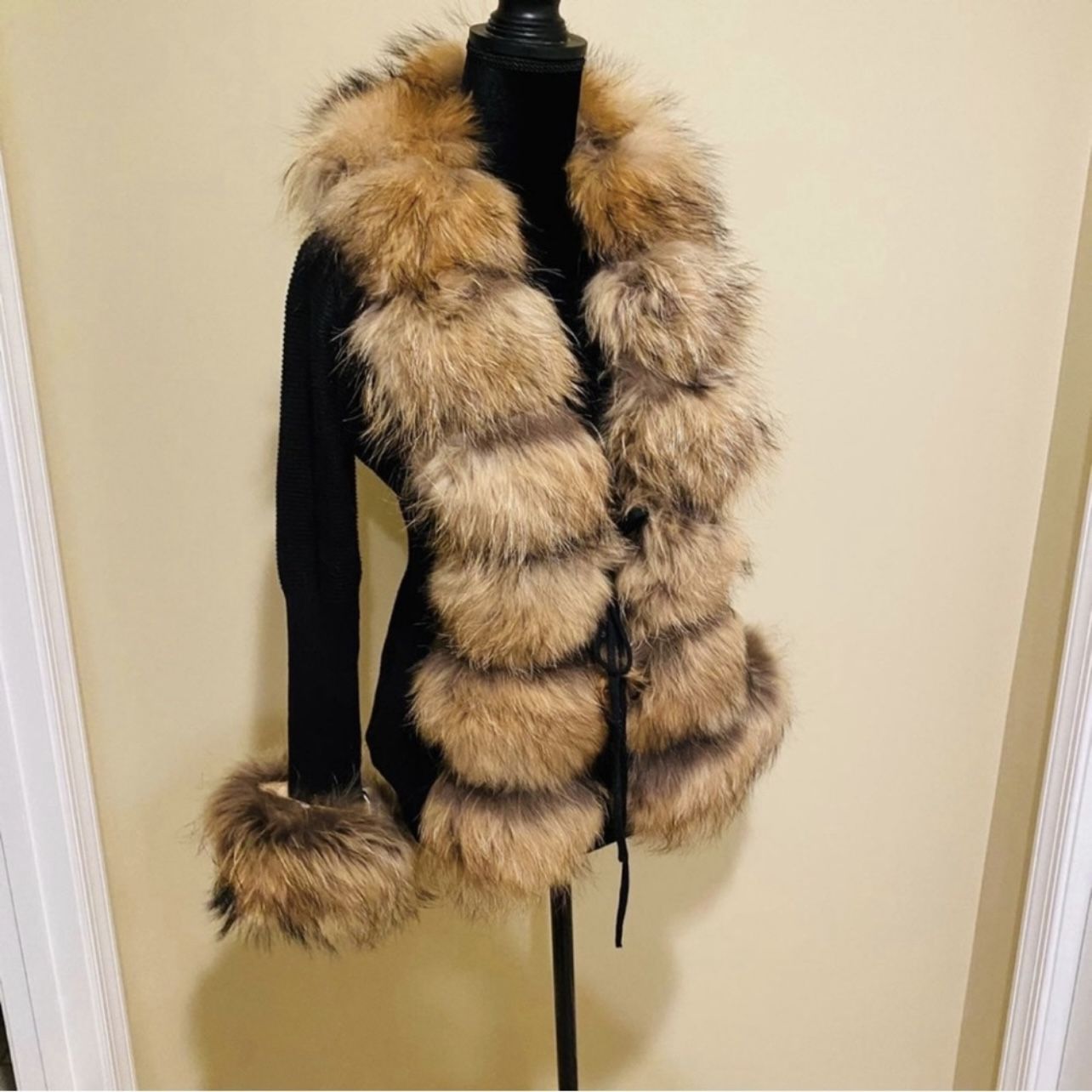 Real raccoon fur cardigan genuine fur collar trench coat parka jacket wool blaze