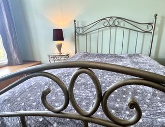 Scroll Queen Bed Frame & 2 Matching Tables; Vintage Bombay & Co; Pewter-Coated Finish on Steel