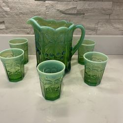 Gorgeous Mosser Glass Cherry Cable Green Pitcher & Glasses
