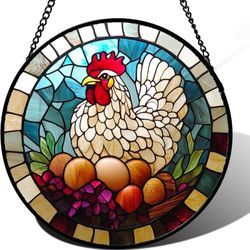 Stained Glass Window Hanging White Chicken Hatching Eggs 7.8" - Suncatcher Door Garden Sunroom Sun Catcher Home Decor Birthday Christmas for Mom Men W