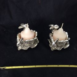 Silver Bunny Rabbit On a Cabbage Leaf Votive Candle Holders (2)
