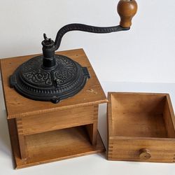 Antique Coffee Grinder Cast Iron & Dovetail Wood Box Hand Grinder