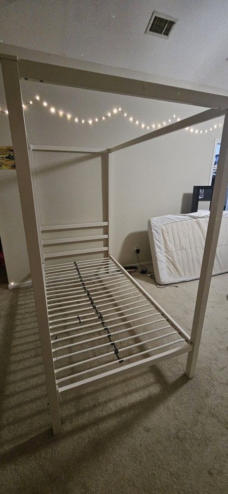 White Metal Twin Sized Canopy Bed Frame