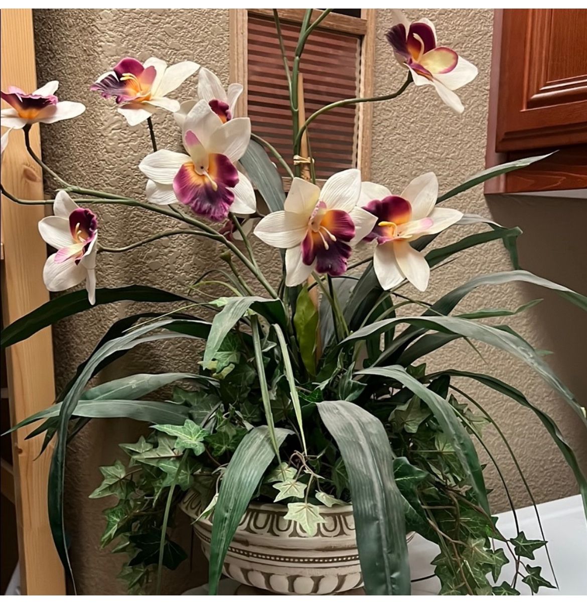 Elegant artificial Floral Arrangement with White and Purple Orchids