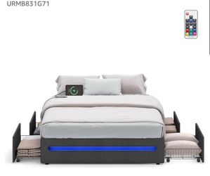 LED Bed Frame Queen Size with 4 Drawers and Charging Station, Queen Bed Frame with 1 USB Port and 1 Type C Port, Steel Slats, No Box Spring Needed, Da