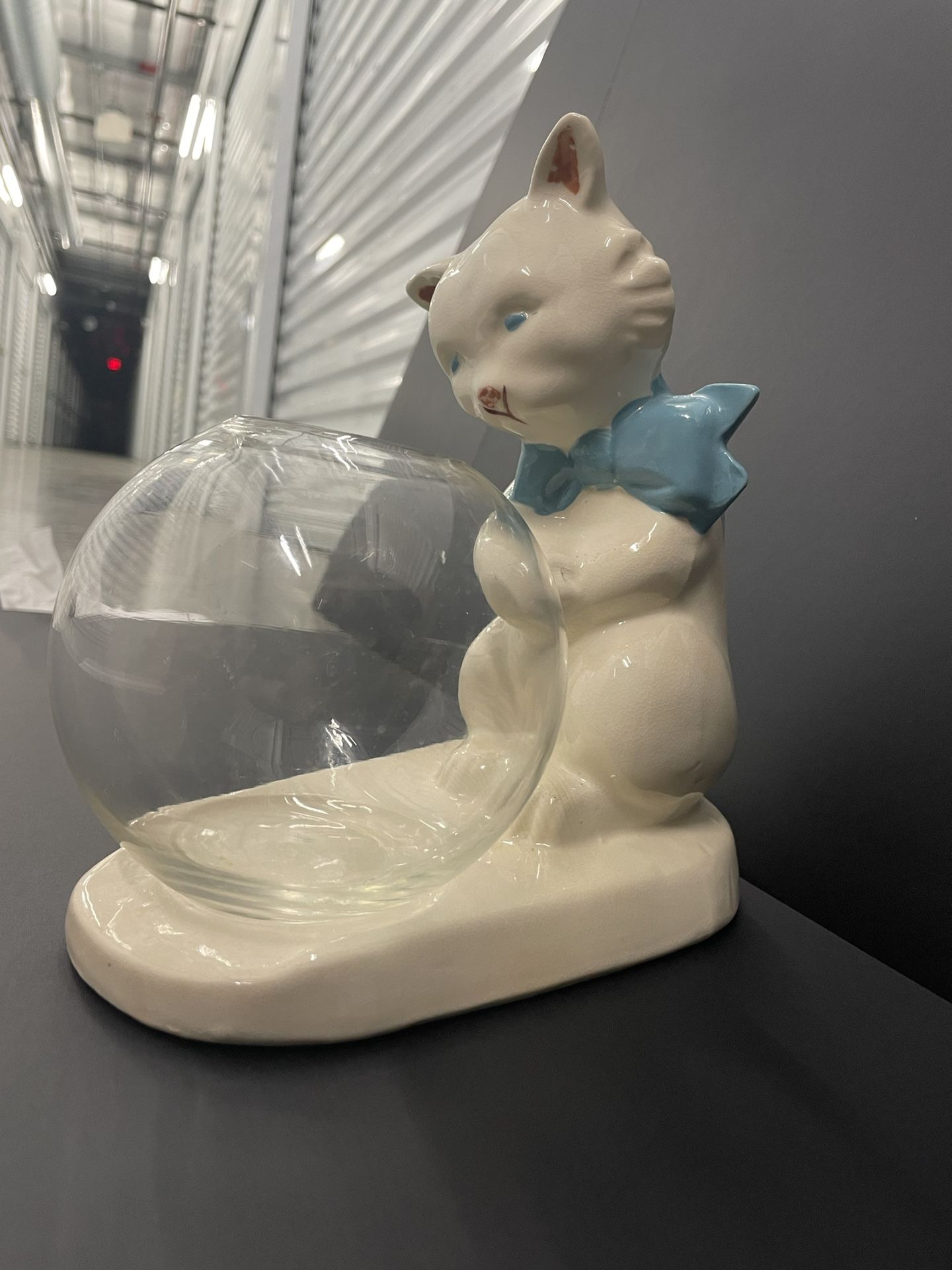 Mid century Ceramic Cat W Glass Bowl