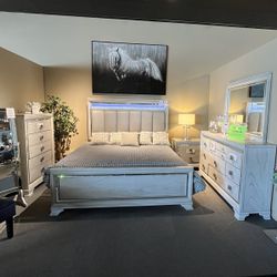 Grey King Bed , Dresser, Mirror And One Nightstand