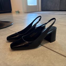 Black leather slingback heels with block heel