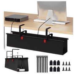 Under Desk Cable Management Tray, 28" Fabric Wire Cord Organizer, Black No Drill Under Table Wire Organizer with 16X Cable Ties for Office/Home, Cord 