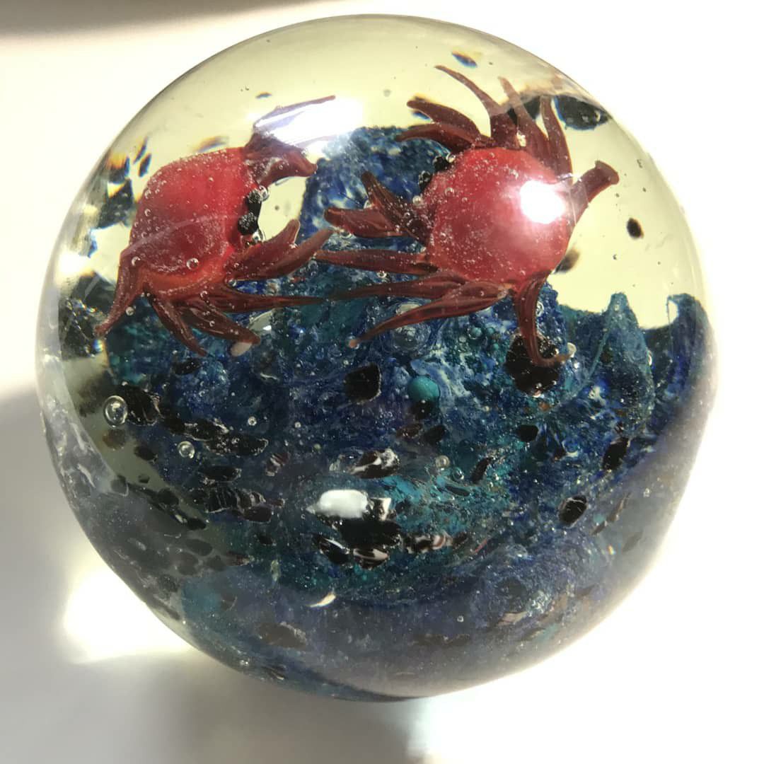 Very fun handmade glass paperweight with 2 crabs