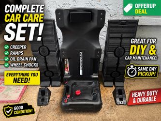 Car ramps + wheel chocks + oil drain + mechanic creeper bundle