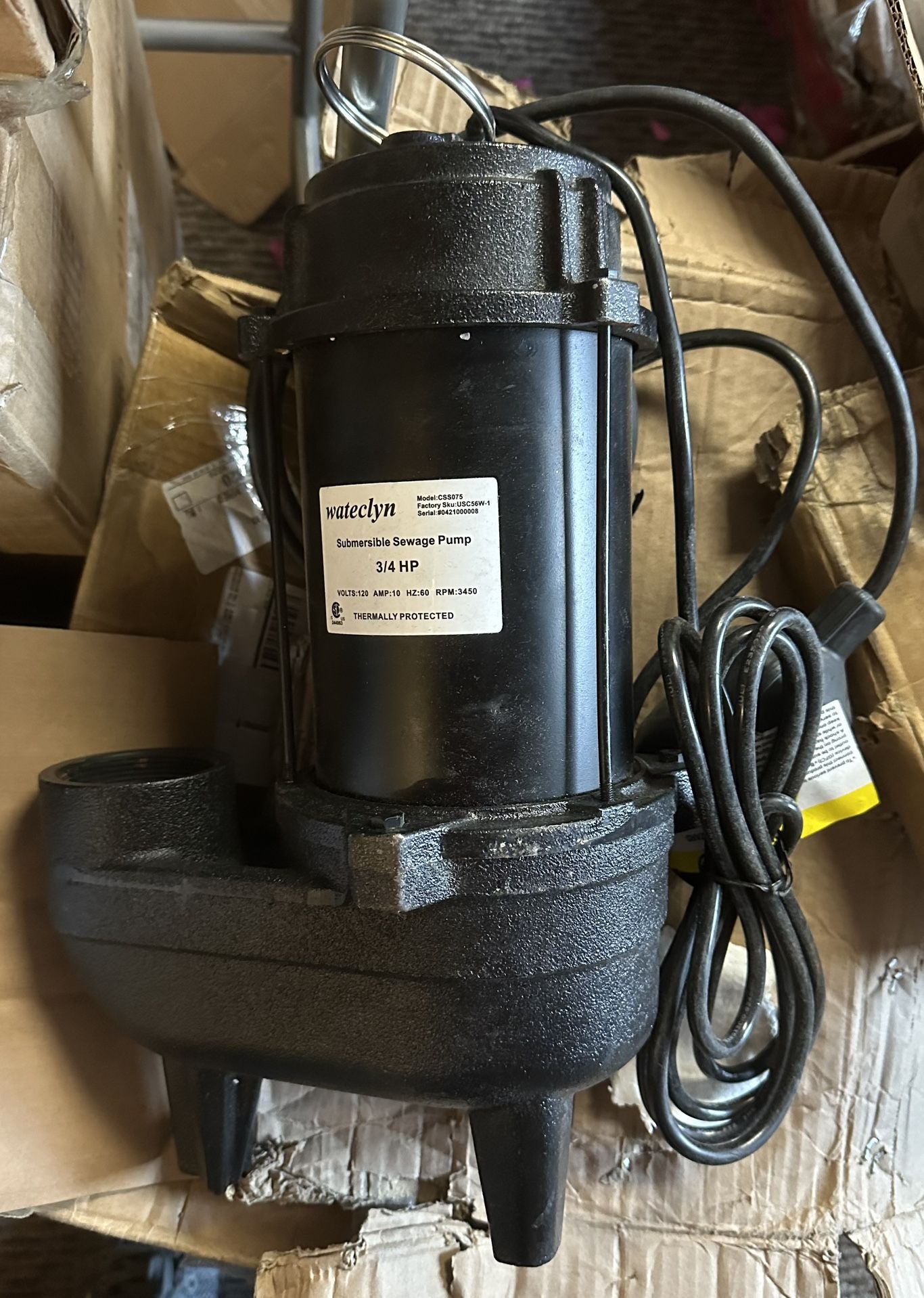 3/4 HP Cast Iron Submersible Sewage Ejector Pump, Sewer Pump, Septic Tank Pump, With 10 Ft. Css075