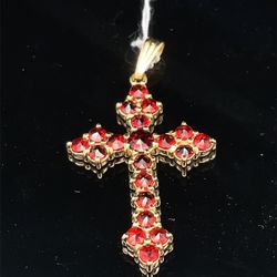 14KT Yellow Gold Garnet Cross Pendant 2.67g I-872