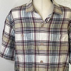Tommy Bahama  Silk Plaid Shirt Mens Size Large  Short Sleeve Button Up Maroon Plaid