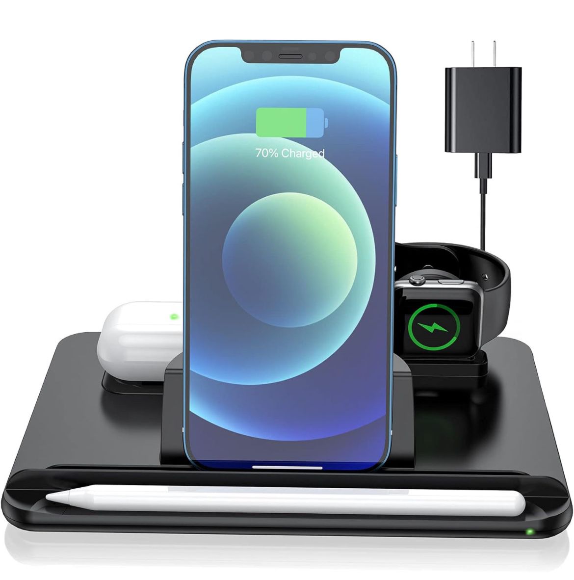 4 in 1 Wireless Charging Station for iPhone 14/13/12/11 Pro Max/X/XS, AirPods 2/Pro, Apple iWatch Series, Apple Pencil 2, with iPad Stand Holder