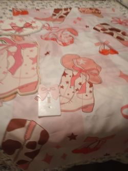 Western bow shower curtain with Western hat and Western bow wall decor and light switch with bow all for $40 brand new