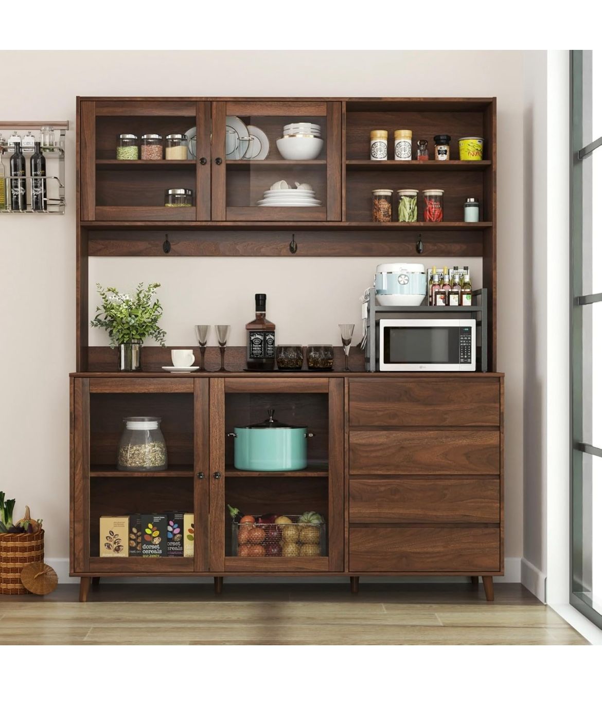 Newly assembled 75" H x 63" W Kitchen Pantry Storage Cabinet with Countertop, Glass Doors, Drawers